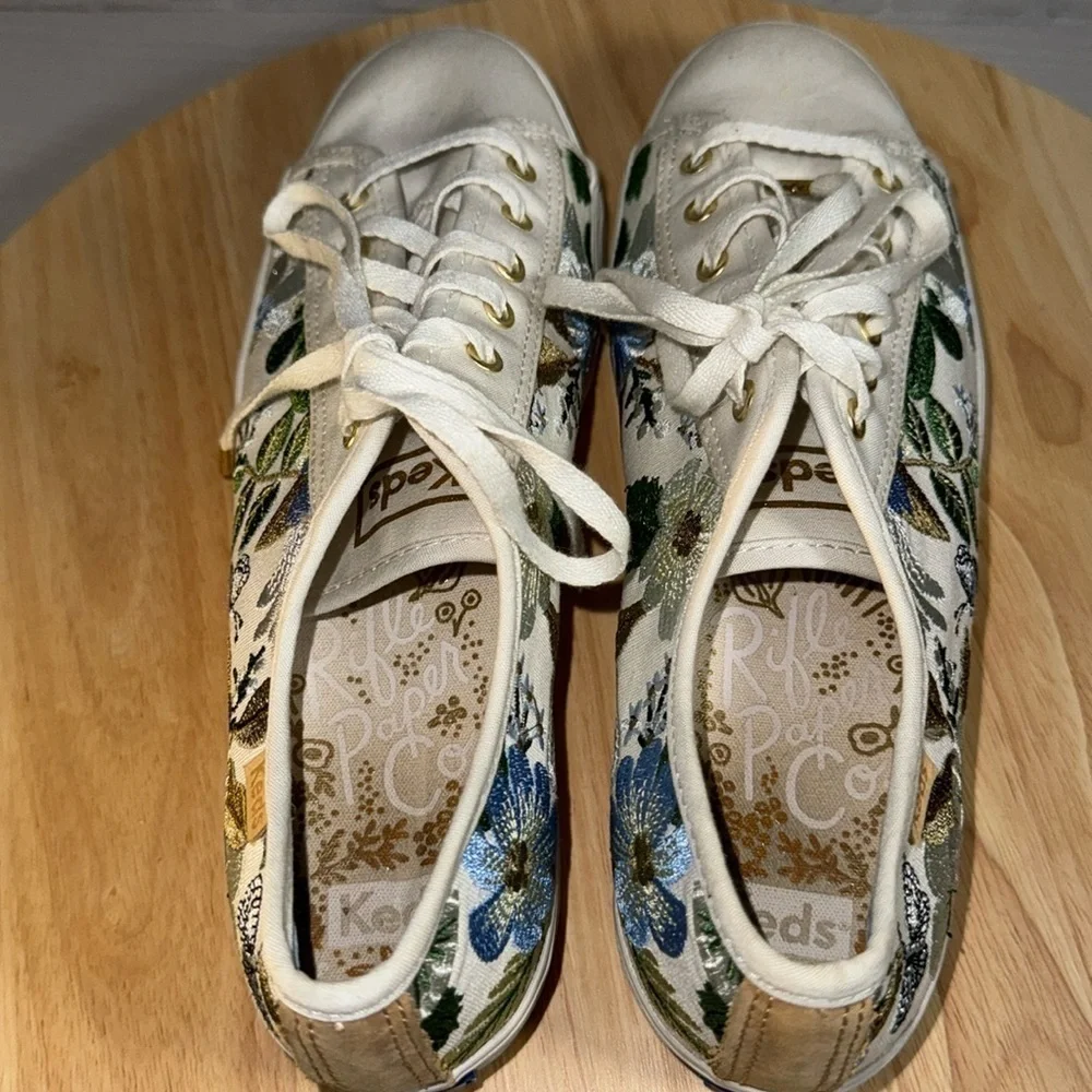 Rifle Paper Keds Triple Kick Blue Fields Embroidered Floral Casual Sneaker Shoes